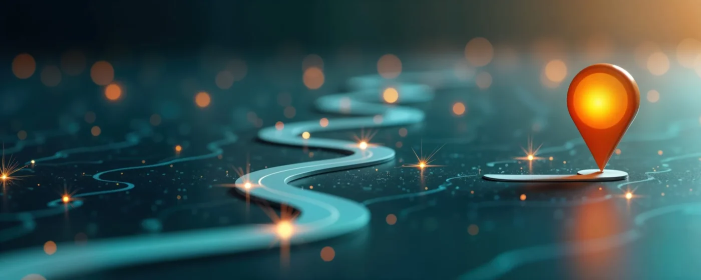 Glowing orange location marker on a winding digital path symbolizing direction and planning.