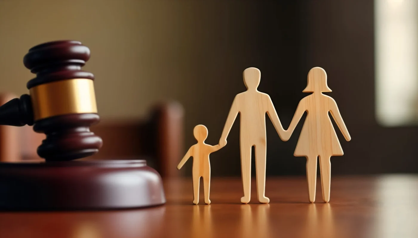 Wooden figures of a family beside a judge’s gavel, symbolizing guardianship and legal protection for minor children.