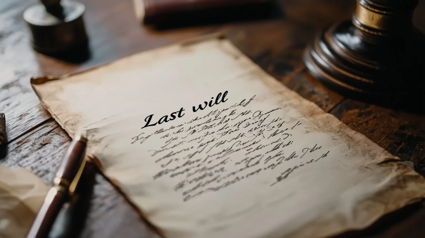 Old handwritten last will on aged paper resting on a wooden desk during estate planning.