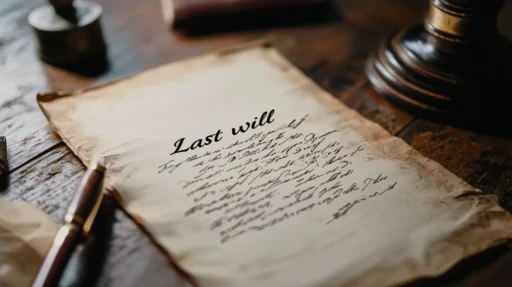 Old handwritten last will on aged paper resting on a wooden desk during estate planning.