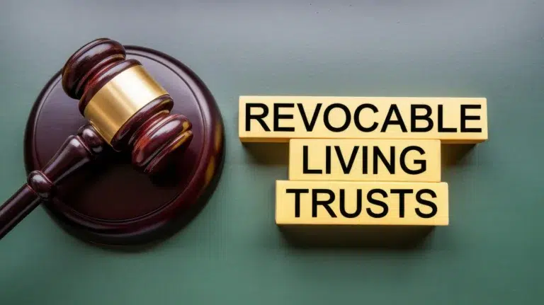 A wooden judge’s gavel resting beside yellow blocks that spell out “Revocable Living Trusts.”