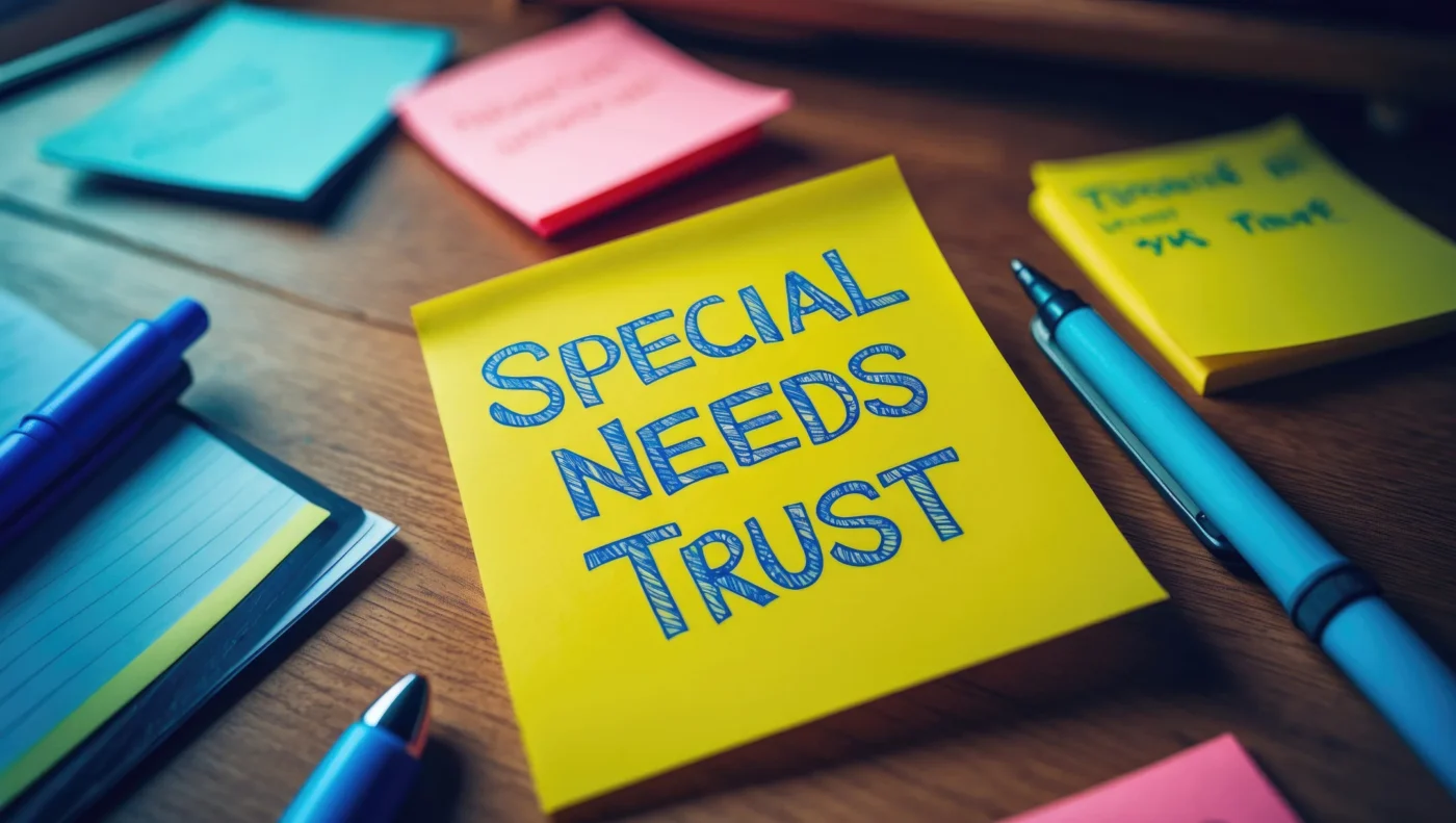 Bright yellow sticky note labeled “Special Needs Trust” surrounded by pens and notepads on a desk.