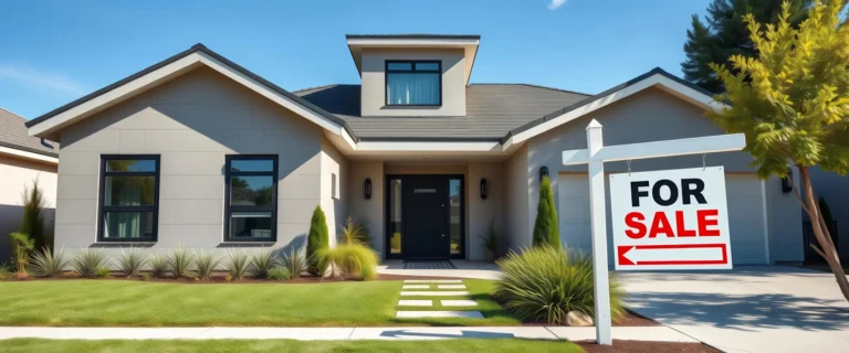 Modern home with a “For Sale” sign in the front yard under a clear blue sky.