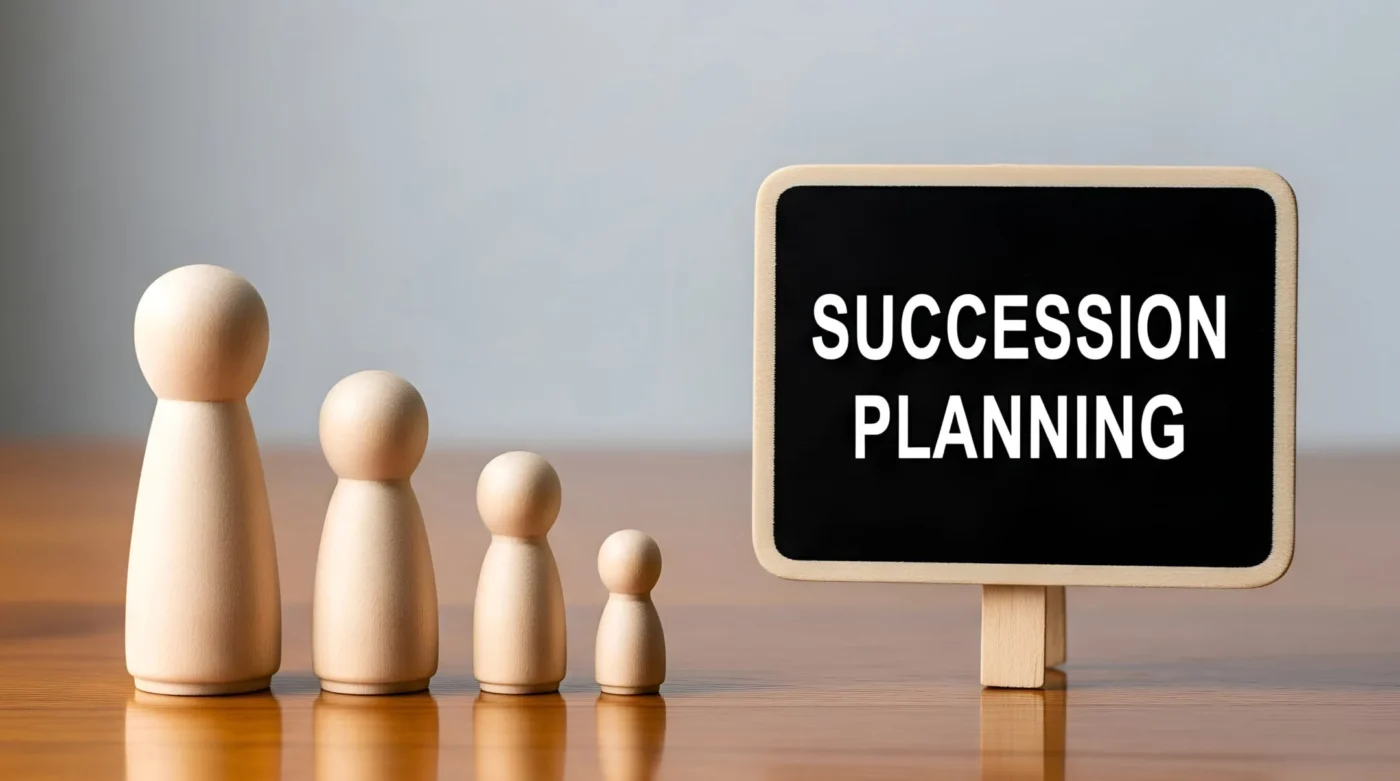 Wooden family figures lined up beside a small sign that reads “Succession Planning.”