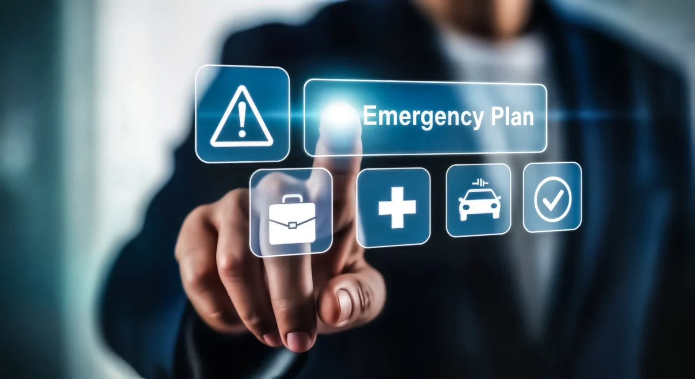 Business professional selecting a digital icon labeled “Emergency Plan” on a transparent touchscreen interface.