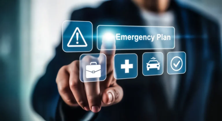 Business professional selecting a digital icon labeled “Emergency Plan” on a transparent touchscreen interface.