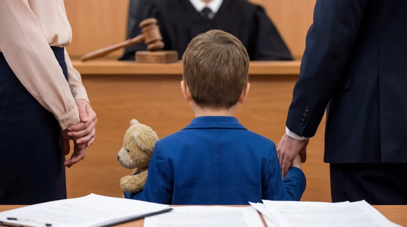 Child standing with adults in a courtroom during a minor personal injury settlement hearing