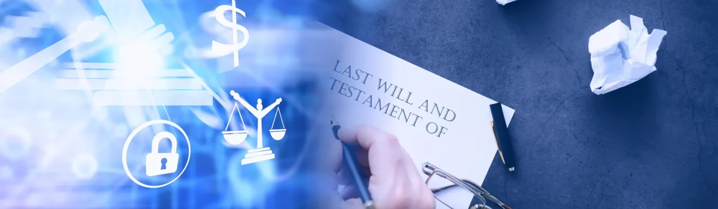Estate planning document labeled Last Will and Testament with legal symbols in a blue overlay representing common mistakes to avoid when drafting a will.