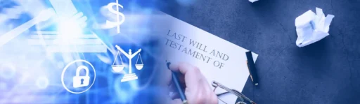 Estate planning document labeled Last Will and Testament with legal symbols in a blue overlay representing common mistakes to avoid when drafting a will.