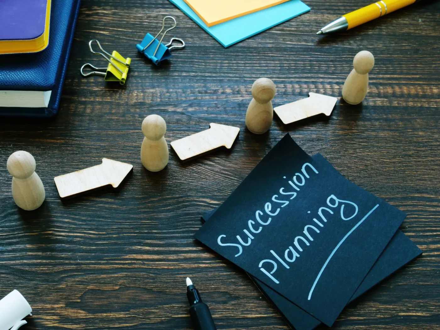 Wooden figures and arrows arranged in a line beside notes labeled “Succession Planning” on a desk.