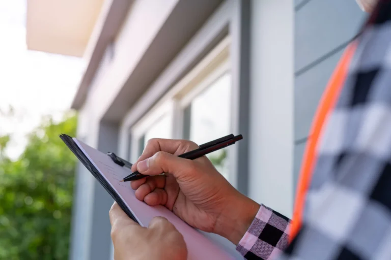 Person writing notes on a clipboard outside a home while conducting an estate inventory.