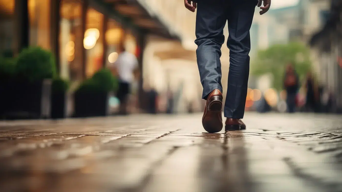 Person in dress shoes and slacks walking down a wet cobblestone street in an urban setting.