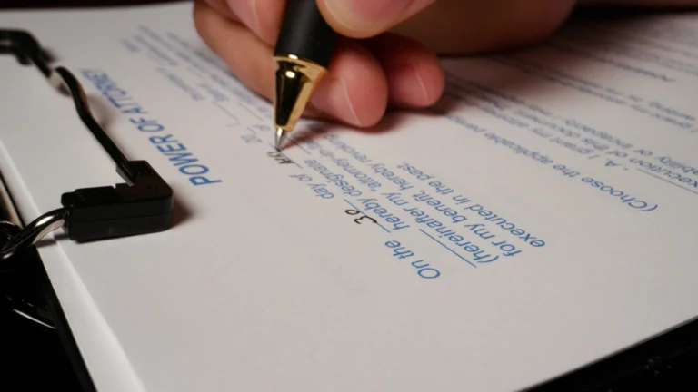 Person signing a Power of Attorney document with a black and gold pen on a clipboard.