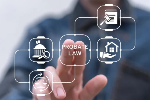 Person touching a digital interface with icons representing probate law, courts, justice, and estate management.