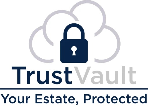 TrustVault logo with a lock icon and cloud design promoting secure estate plan management.