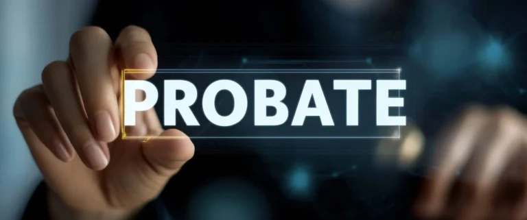 Person holding a glowing digital “PROBATE” sign against a dark background