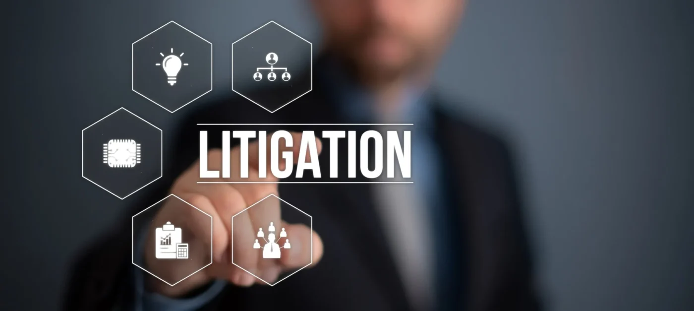 Business professional selecting the word “Litigation” on a digital interface with legal icons